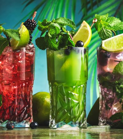 Summer cocktail party.. Refreshing fruit and berry alcoholic cocktails
